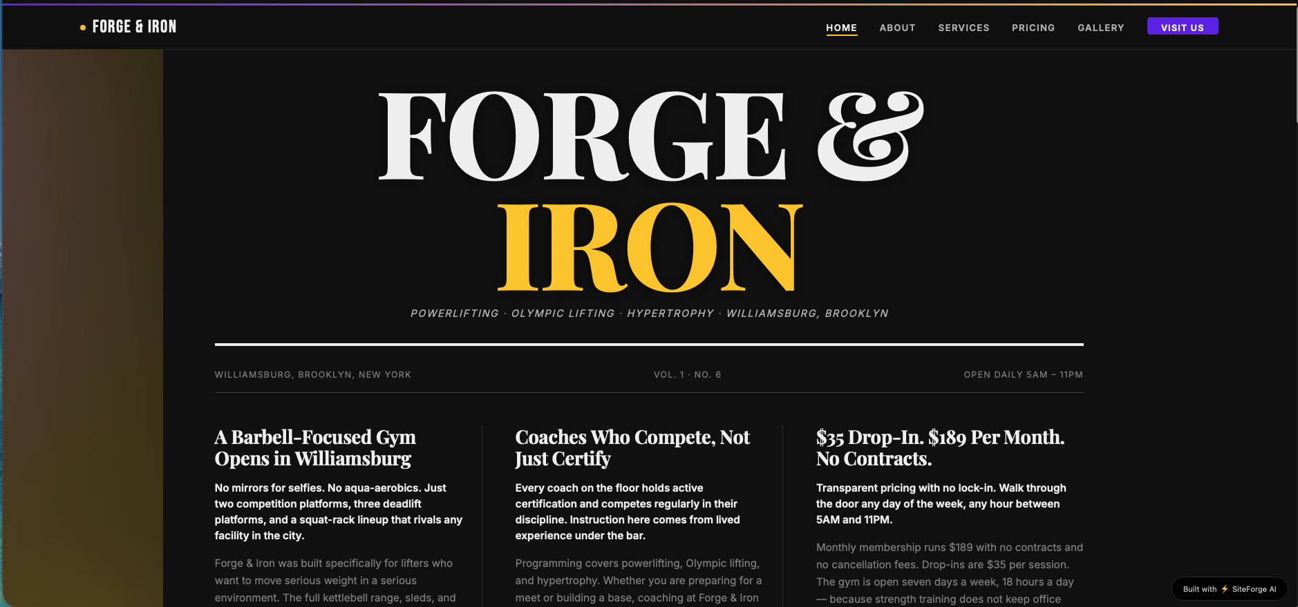 Example strength-training gym website