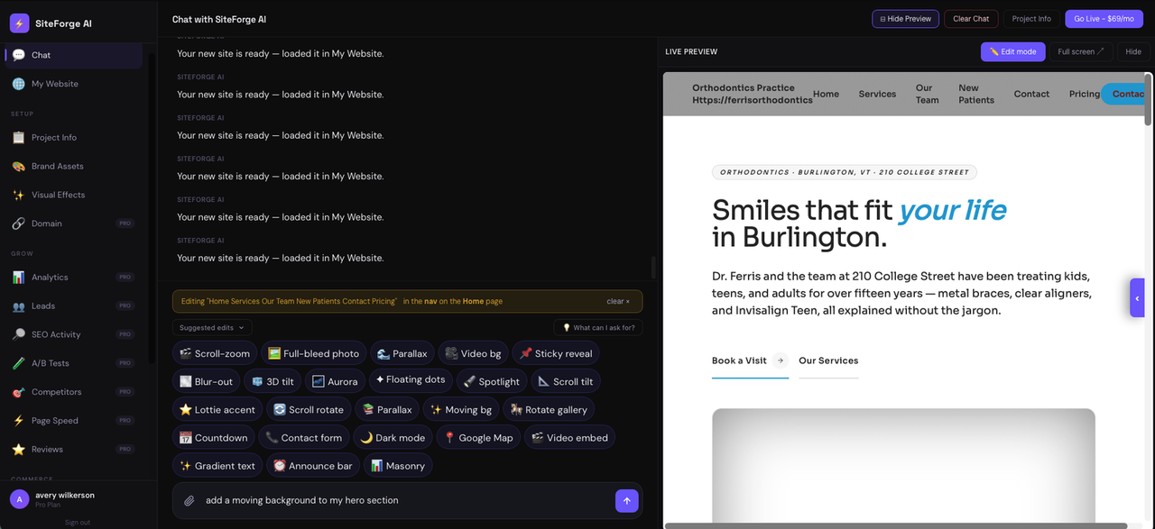 SiteForge chat editor rewriting a hero section live, with the in-progress edit tracked in a chip