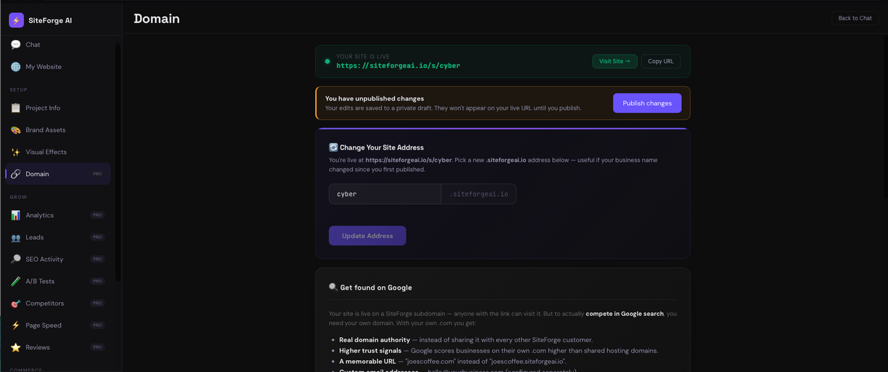 SiteForge publish screen showing a site-is-live banner, the live subdomain, and a get-found-on-Google prompt