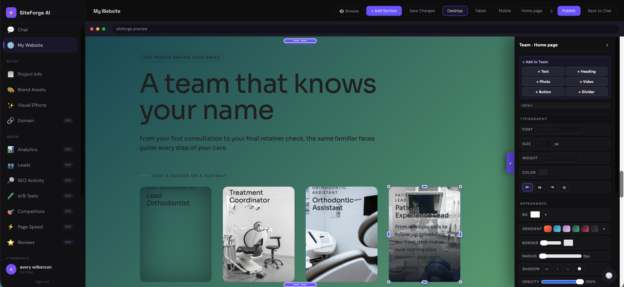 SiteForge live editor with a hero typography panel docked beside a real customer site preview