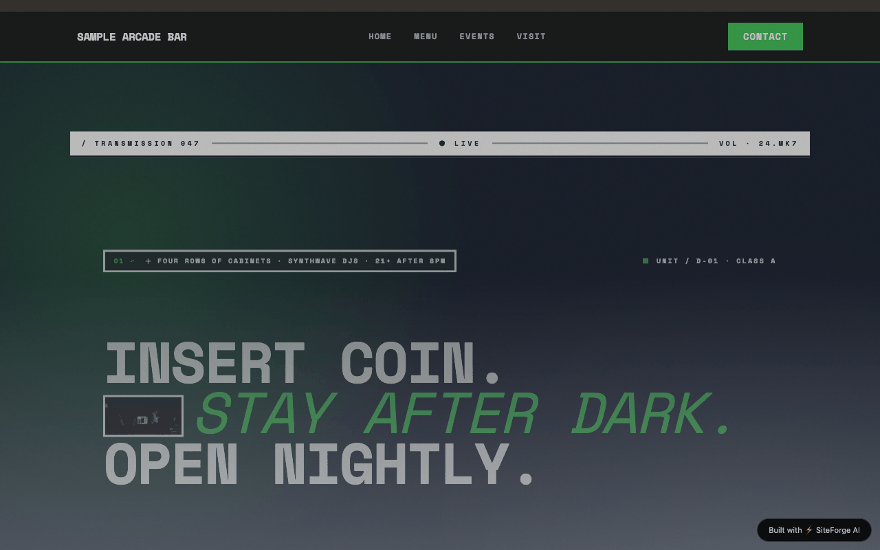 Example arcade bar website generated by SiteForge — dark neon hero with monospace type