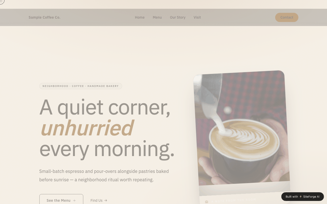 Example coffee shop website generated by SiteForge — warm cream hero with latte photography