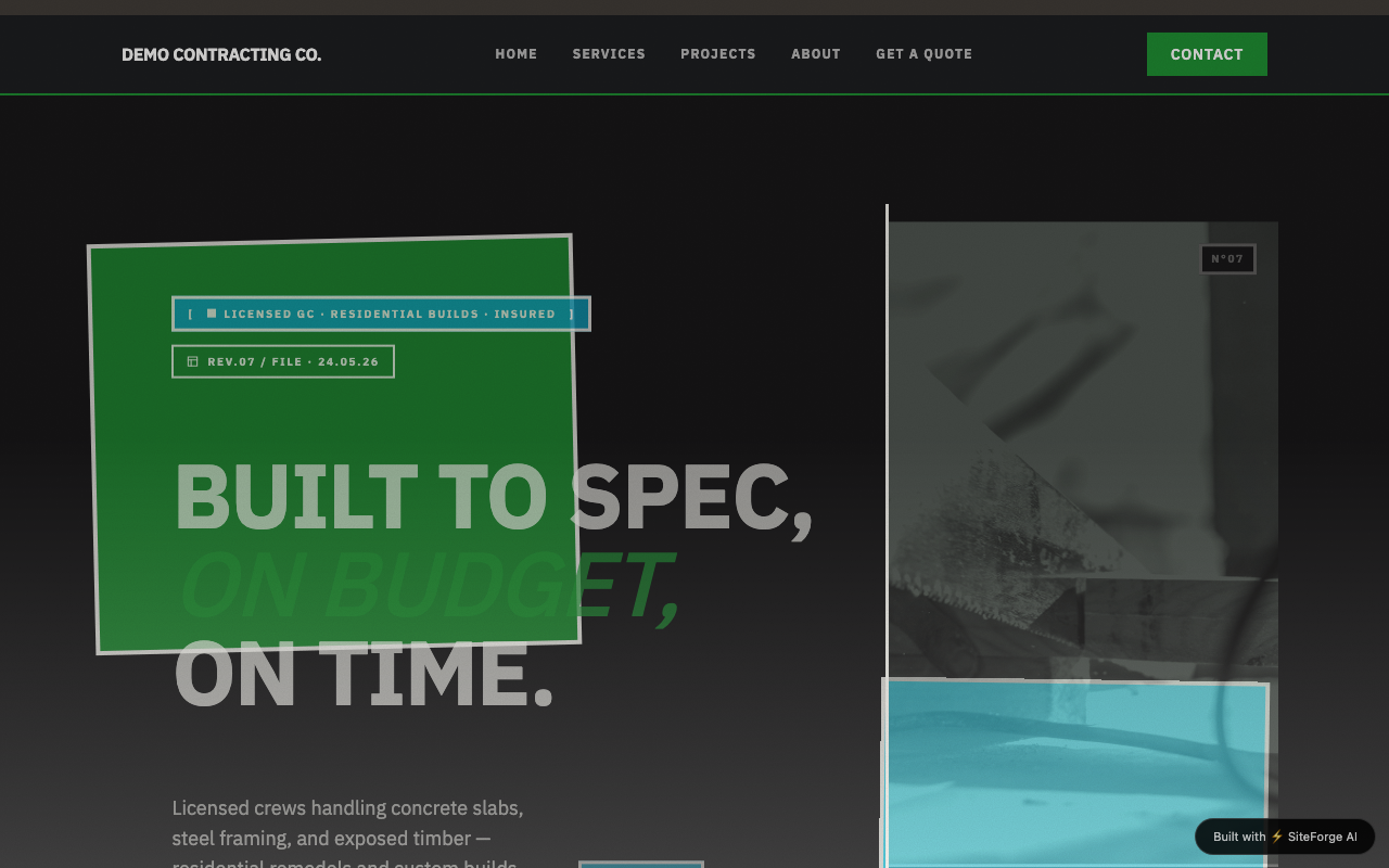 Example contractor website generated by SiteForge — brutalist hero with bold uppercase type