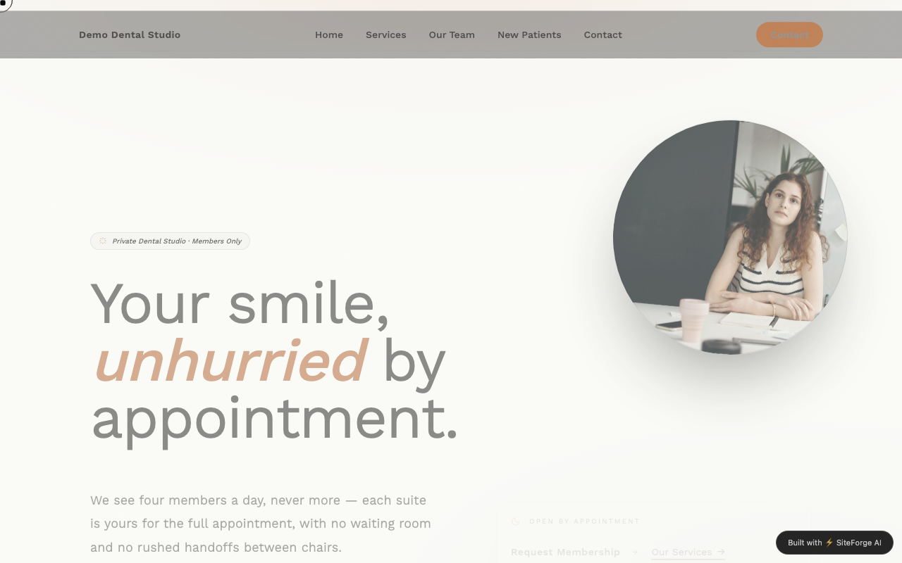 Example dental practice website generated by SiteForge — editorial hero with portrait photography