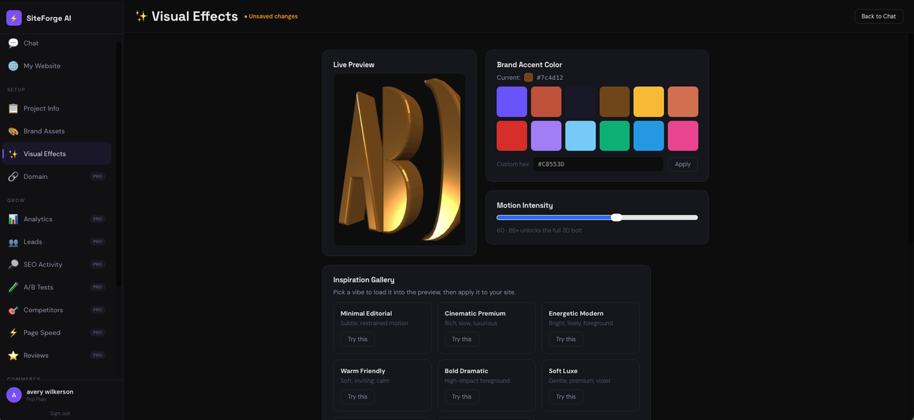 SiteForge visual-effects panel showing 3D extruded text, a motion-intensity slider, color swatches, and an inspiration gallery
